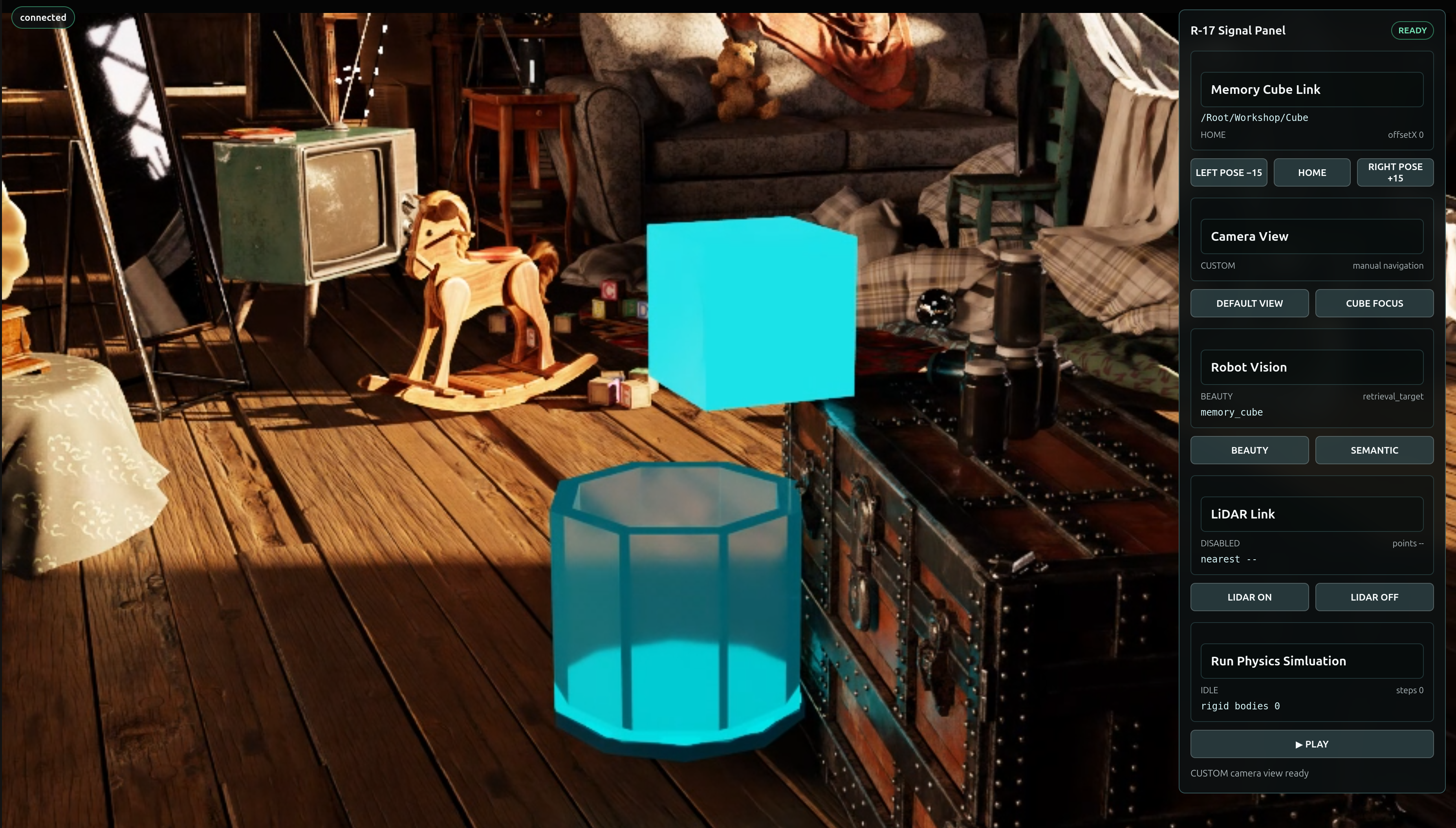 The R-17 Signal Panel showing the carried-over capability stack - Memory Cube Link, Camera View, Robot Vision, LiDAR Link, and Run Physics Simluation (IDLE, rigid bodies 0) - beside the attic viewport with the Memory Cube and a glowing lidar sensor volume.