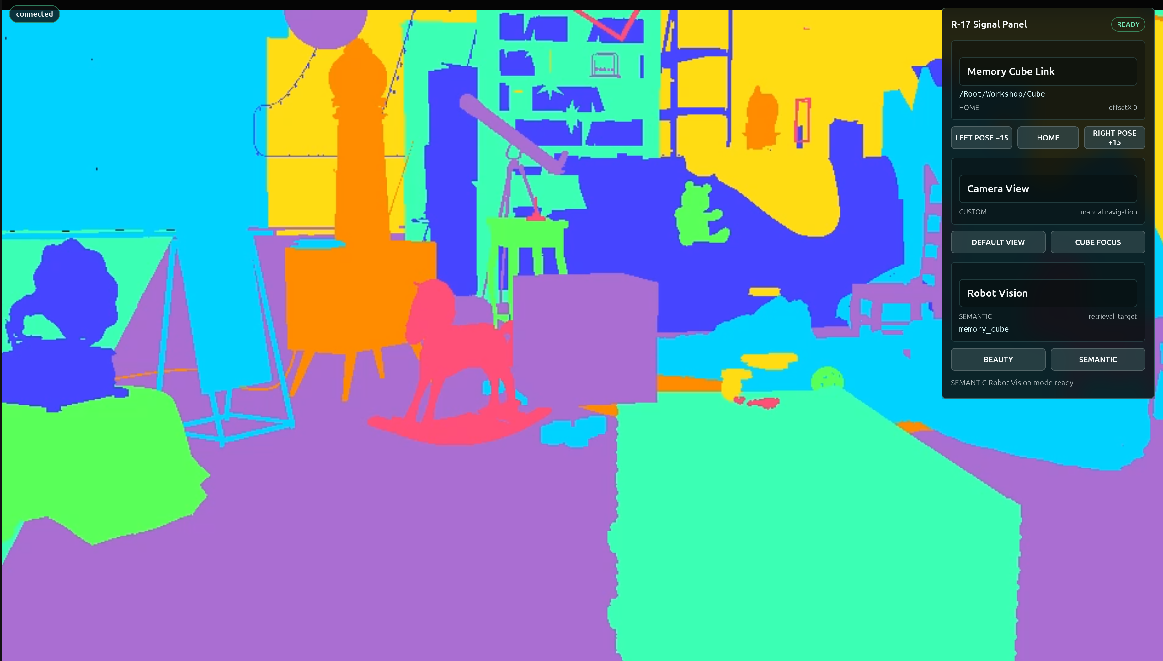 Semantic segmentation view of the attic with every object rendered in a flat candy-color identity, and the R-17 Robot Vision panel toggled to SEMANTIC with retrieval_target memory_cube.