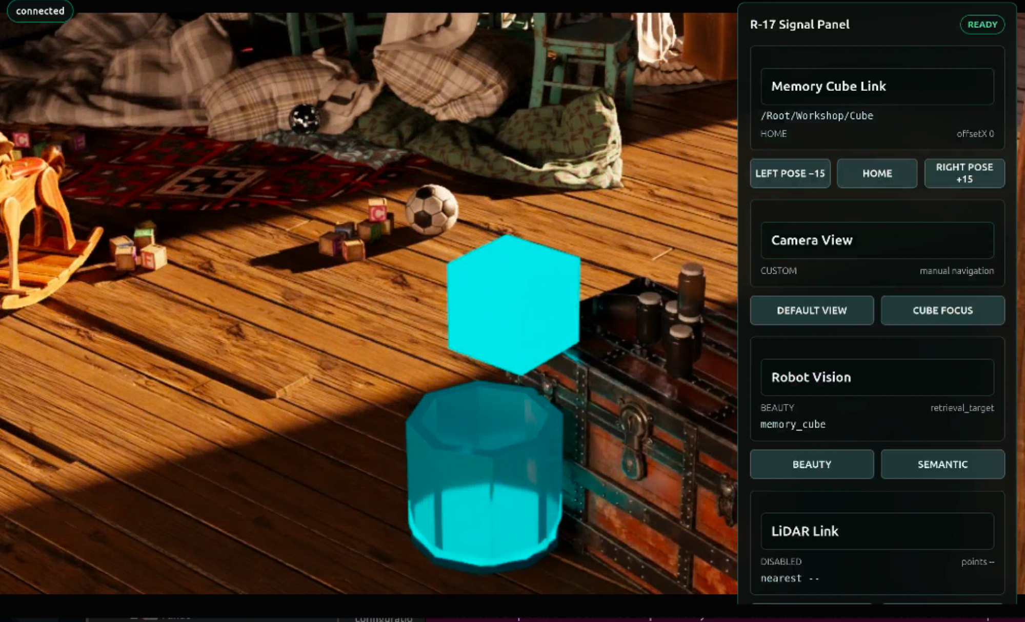 Attic Portal browser view showing the glowing cyan Memory Cube suspended above the open-topped, translucent C-9 containment pod on the attic floor. The R-17 Signal Panel on the right lists Memory Cube Link, Camera View, Robot Vision, and Lidar Link controls, with a green READY status.