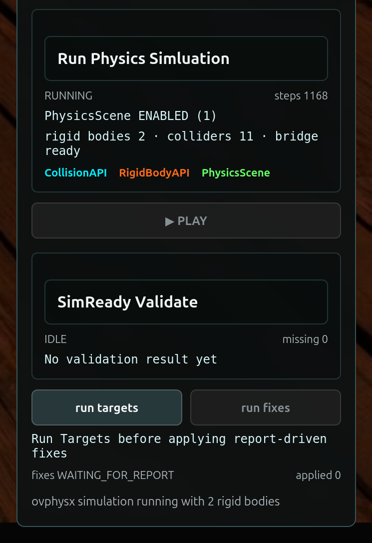 The R-17 Run Physics Simluation panel in the RUNNING state - PhysicsScene ENABLED (1), rigid bodies 2, colliders 11, bridge ready - with CollisionAPI, RigidBodyAPI, and PhysicsScene confirmed.