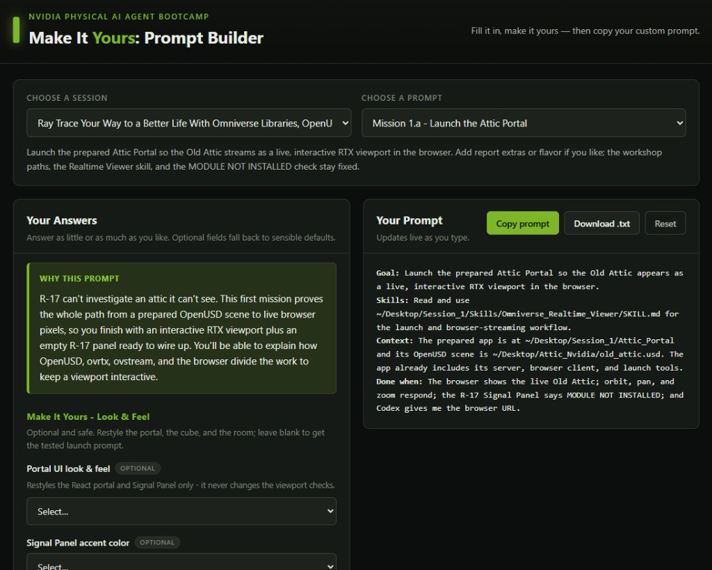 The Make It Yours Prompt Builder web app, with a session picker and prompt picker across the top, a fill-in-the-blank answers form on the left, and a live-updating prompt preview on the right with Copy, Download, and Reset buttons.
