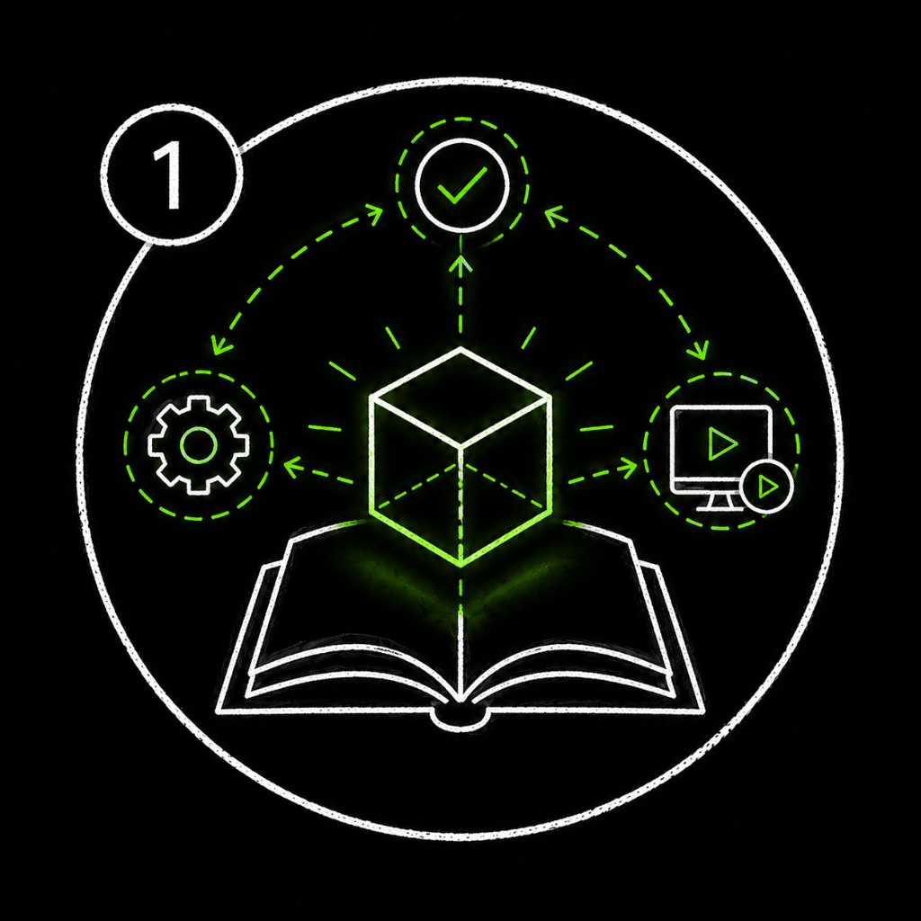 Lab 1 icon showing an open book with a glowing cube, a gear, and a monitor