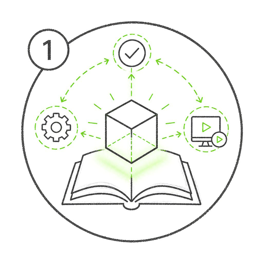 Lab 1 icon showing an open book with a glowing cube, a gear, and a monitor
