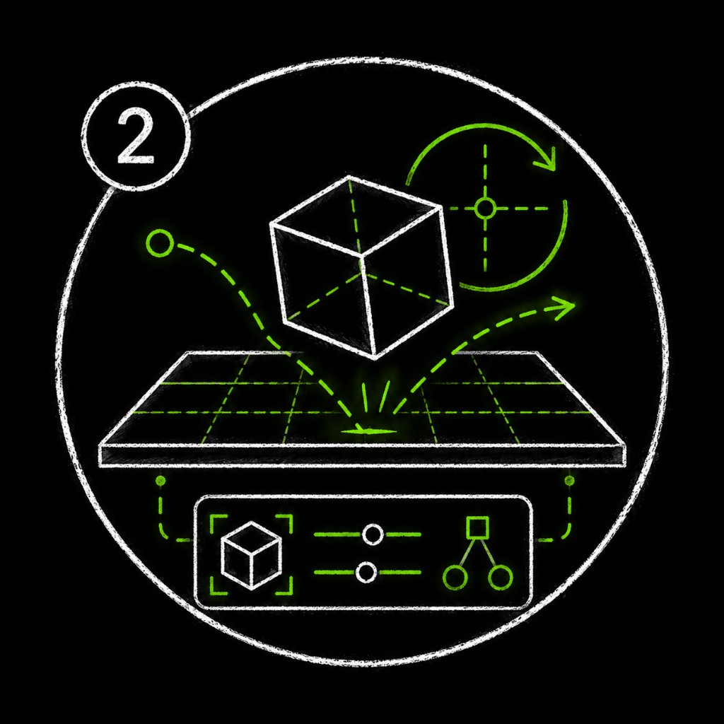 Lab 2 icon showing a cube bouncing on a physics grid with a properties panel