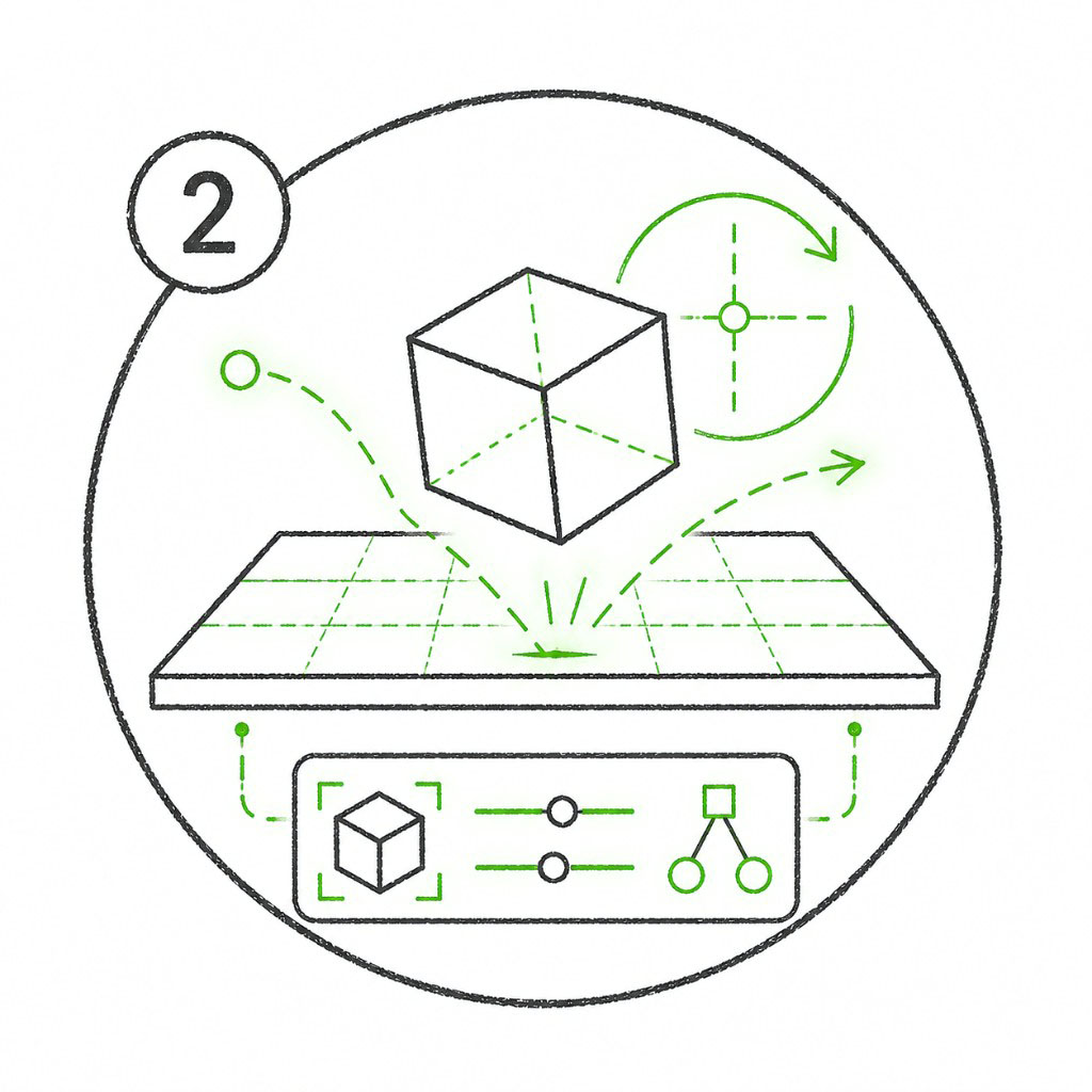 Lab 2 icon showing a cube bouncing on a physics grid with a properties panel