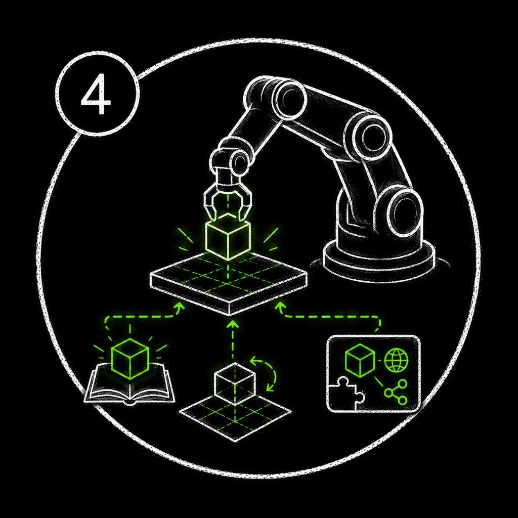 Course 4 icon representing an Isaac Sim robot completing a pick-and-place task