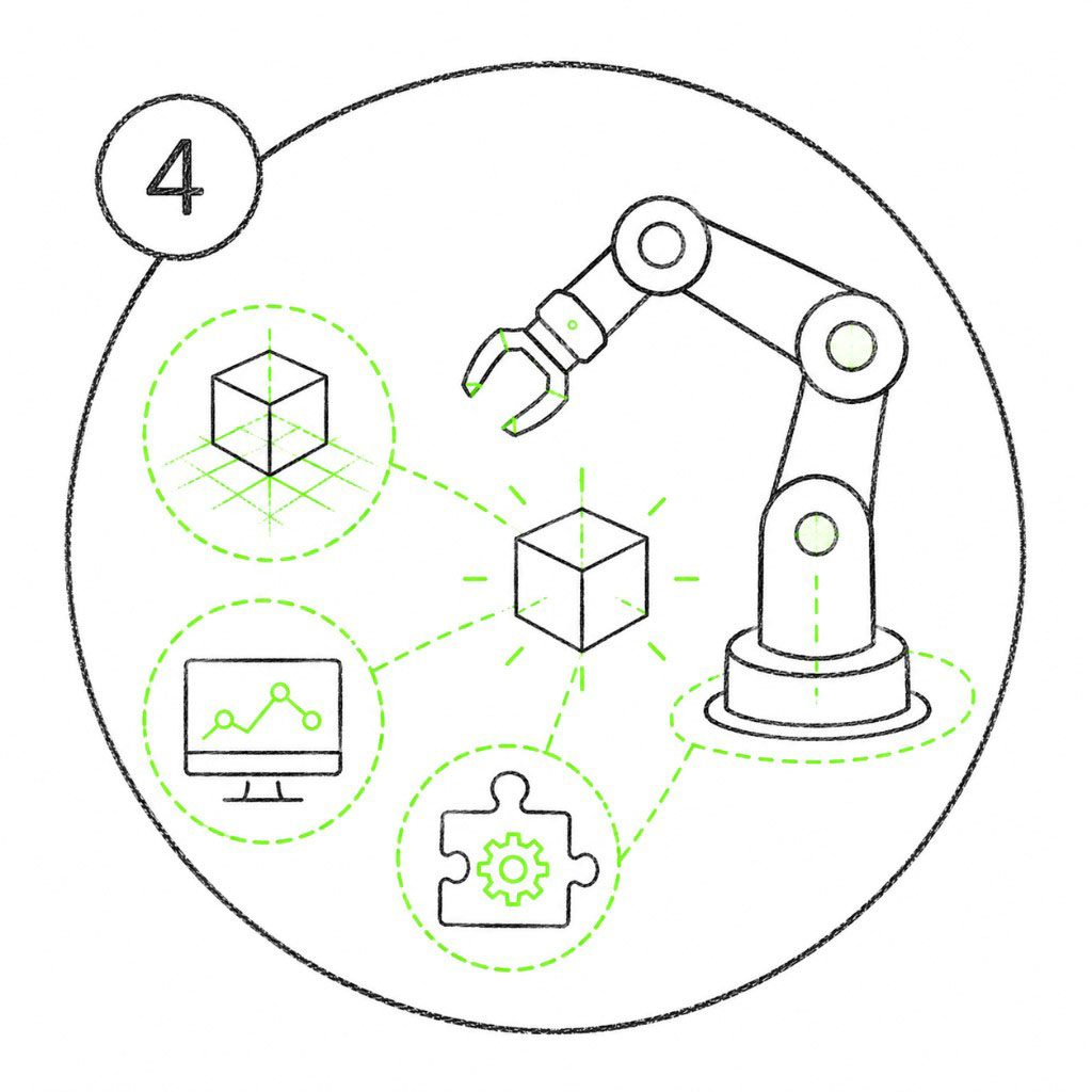 Course 4 icon representing an Isaac Sim robot completing a pick-and-place task