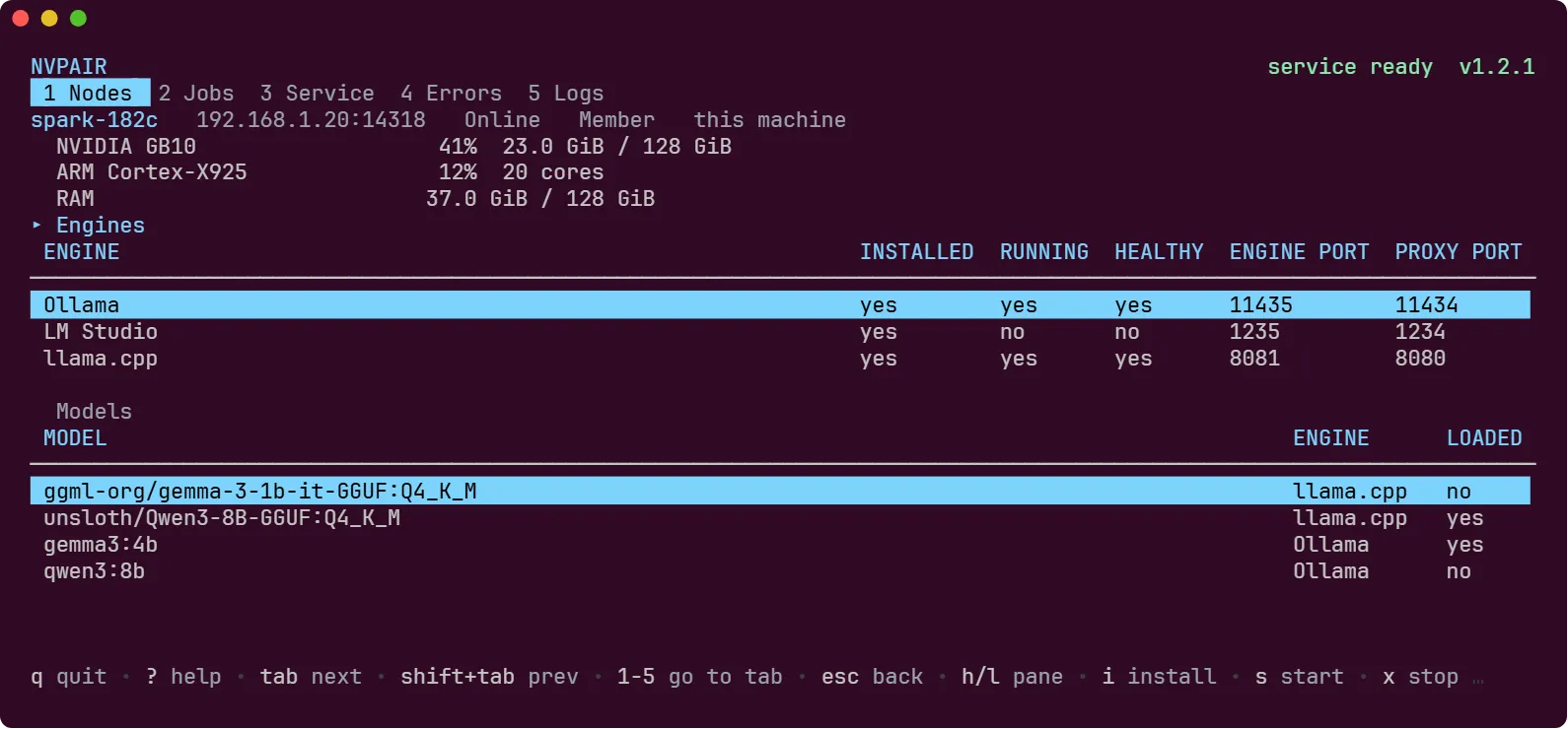 A machine's detail screen in the terminal interface, showing its GPU, CPU, and memory, the Engines pane with Ollama, LM Studio, and llama.cpp and their engine and proxy ports, and the Models pane listing each model's engine and whether it is loaded.