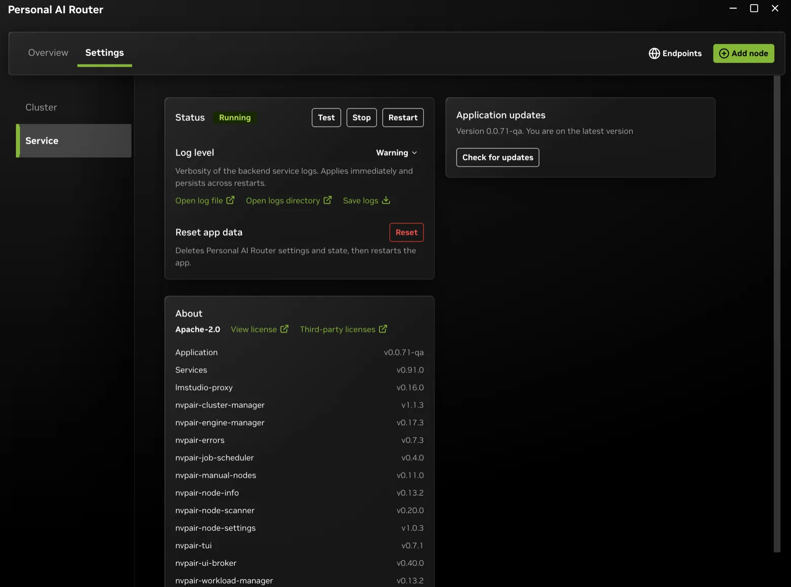 Settings > Service with Status reading Running, beside the Test, Stop, and Restart controls and the log options.