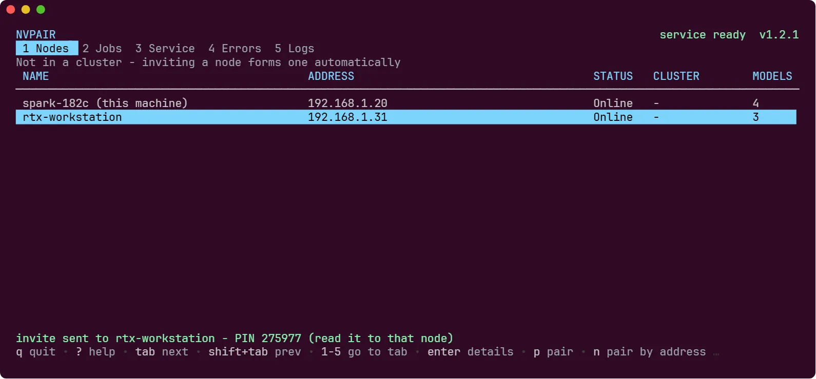The terminal interface Nodes tab with a discovered machine selected and the pairing PIN on the status line.
