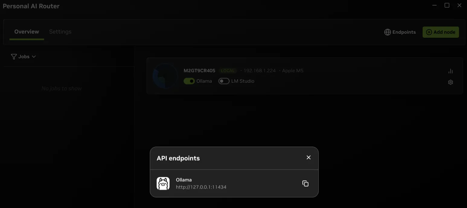 The API endpoints window listing a copyable local URL for each running engine.
