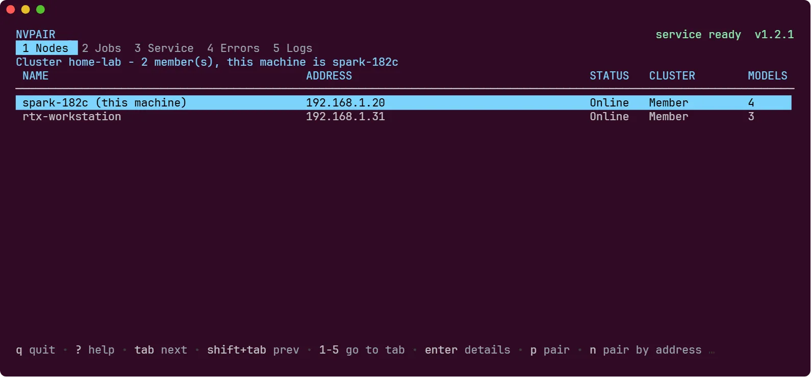 The terminal interface on the Nodes tab, showing the header with the service ready, the numbered tab bar, the node table, and the footer keys.
