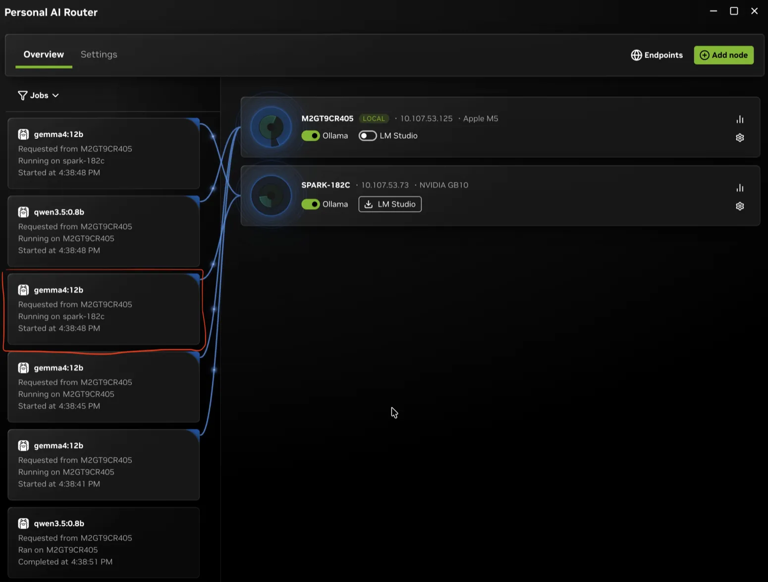 A job card under the Jobs filter naming the node that served the request.