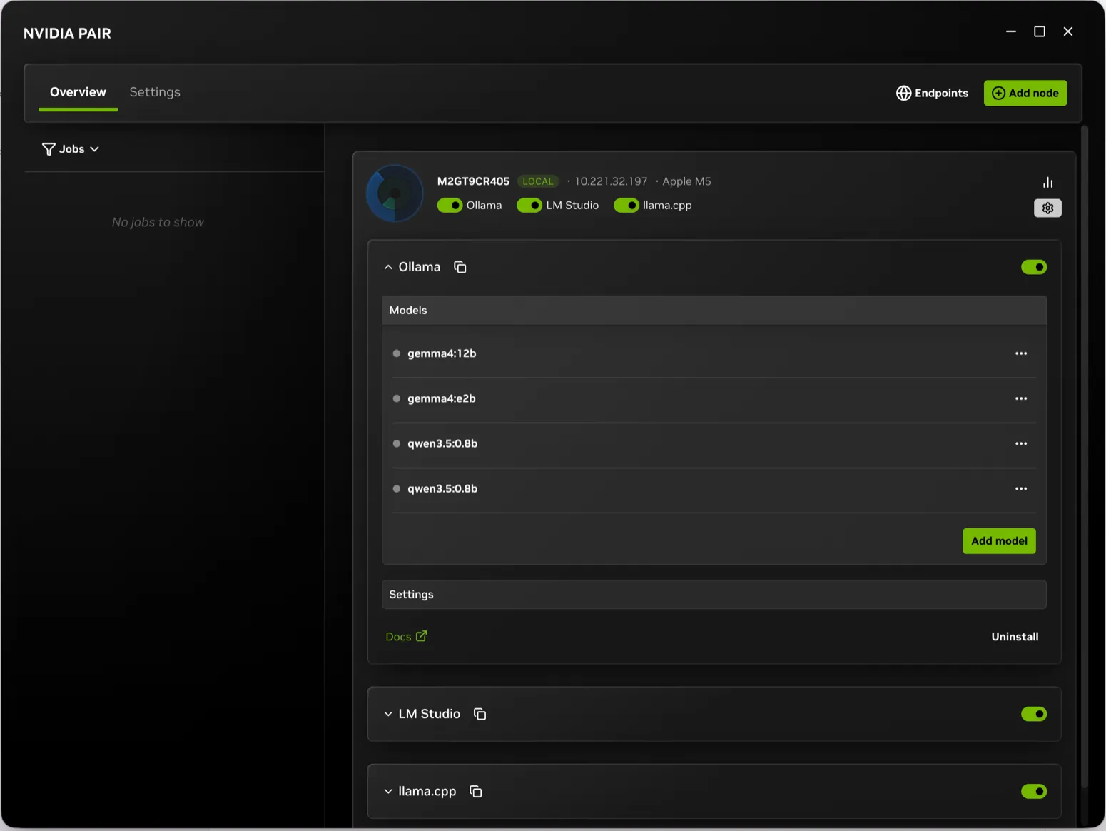 A node card with Engine settings expanded, showing Ollama's start switch and its downloaded models above the Add model button.