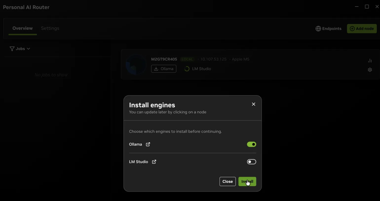 PAIR's first-run setup window listing the available inference engines, with Ollama selected.