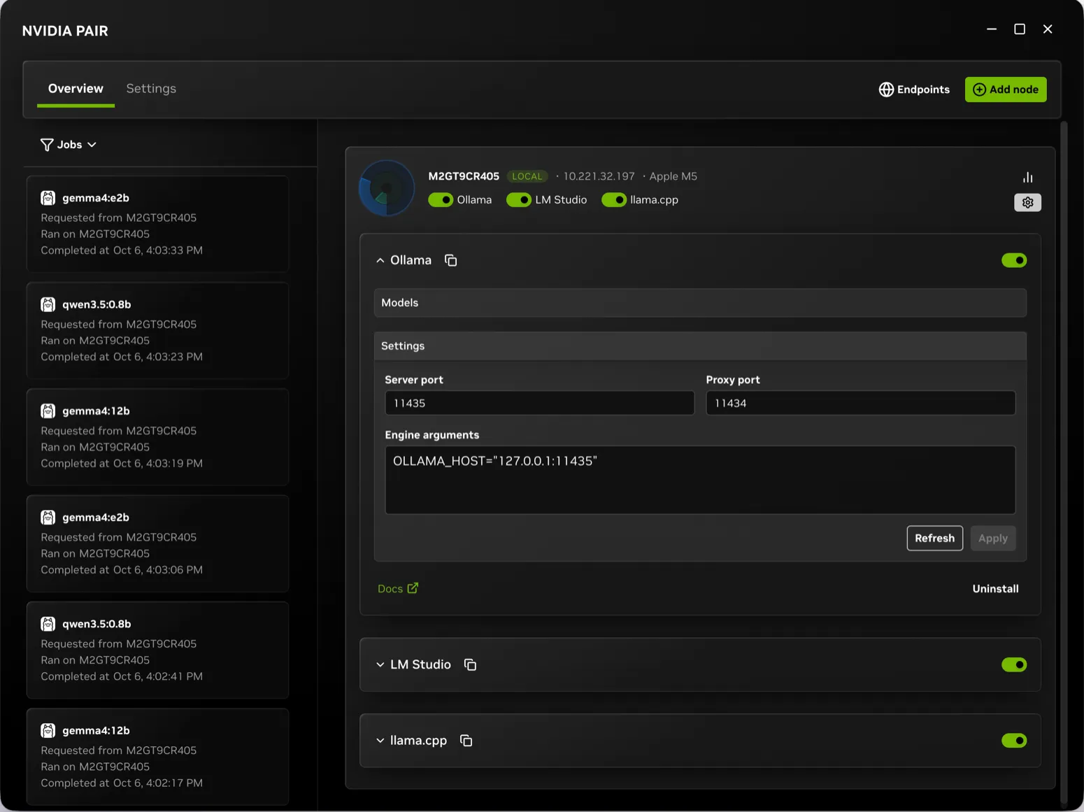 Ollama's Settings section under Engine settings, showing the Server port, Proxy port, and Engine arguments fields with the Refresh and Apply buttons.