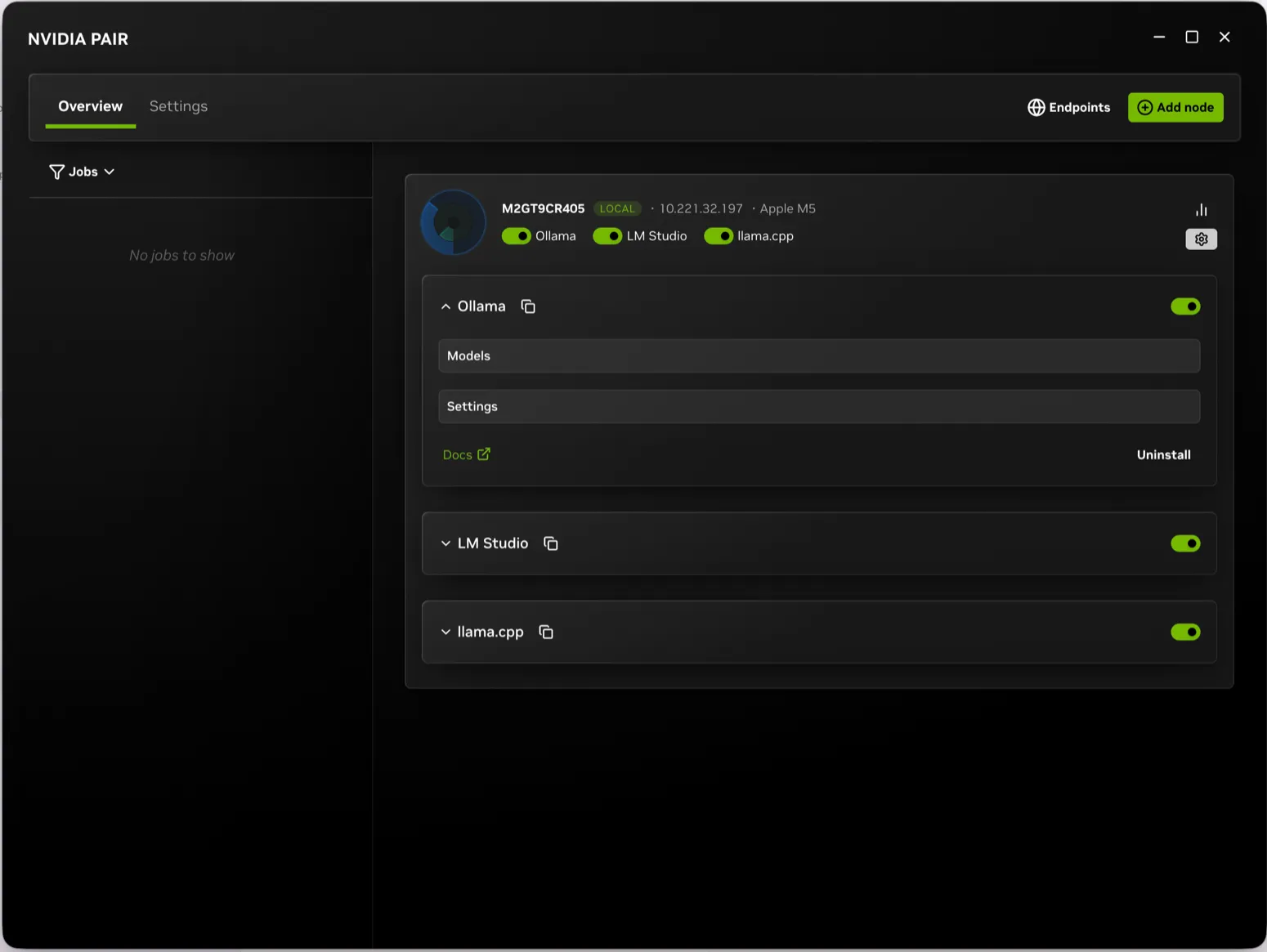 PAIR's Overview showing one node card for this machine, with Ollama, LM Studio, and llama.cpp running.