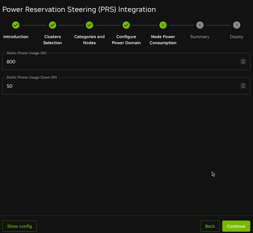 BaseView node power configuration interface showing power consumption settings for all selected nodes