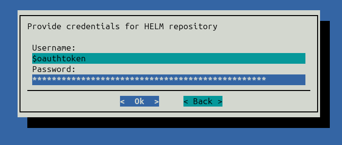 Fields for providing NVCR credentials for Helm chart repository and container images.