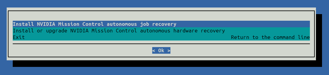 Mission Control wizard showing the Install NVIDIA Mission Control autonomous job recovery option.