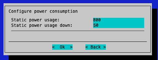 Node power consumption parameters configuration showing maximum power, static power usage, and static power usage down settings