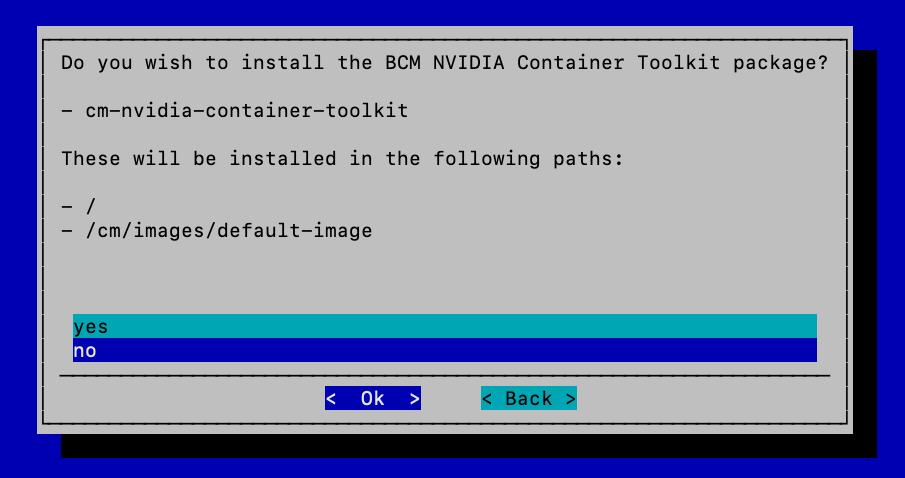 Choose no to install the BCM NVIDIA Container Toolkit package