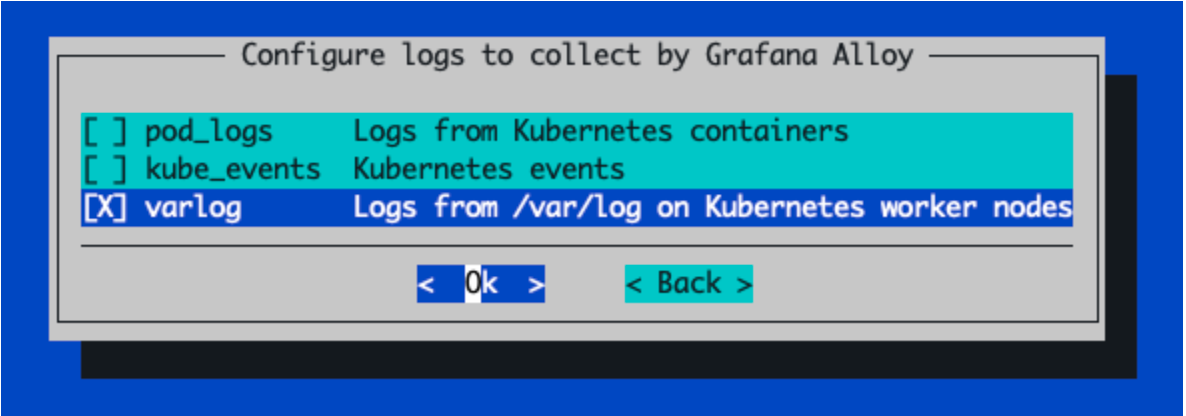 Select the varlog option for Grafana Alloy