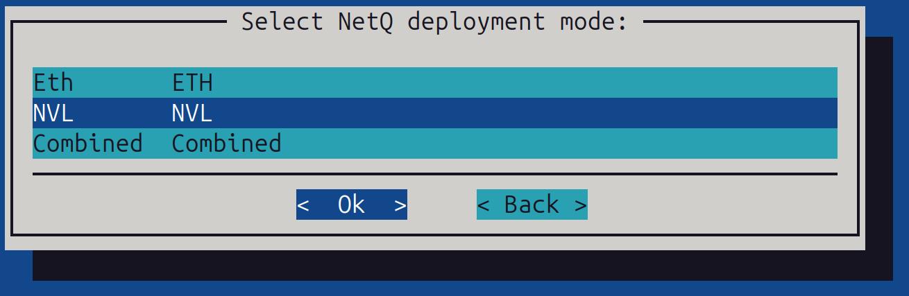NetQ deployment mode selection screen showing NVL Mode option