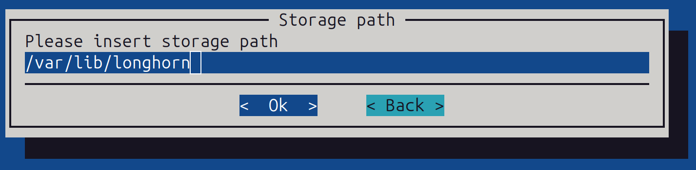 Longhorn storage path configuration screen