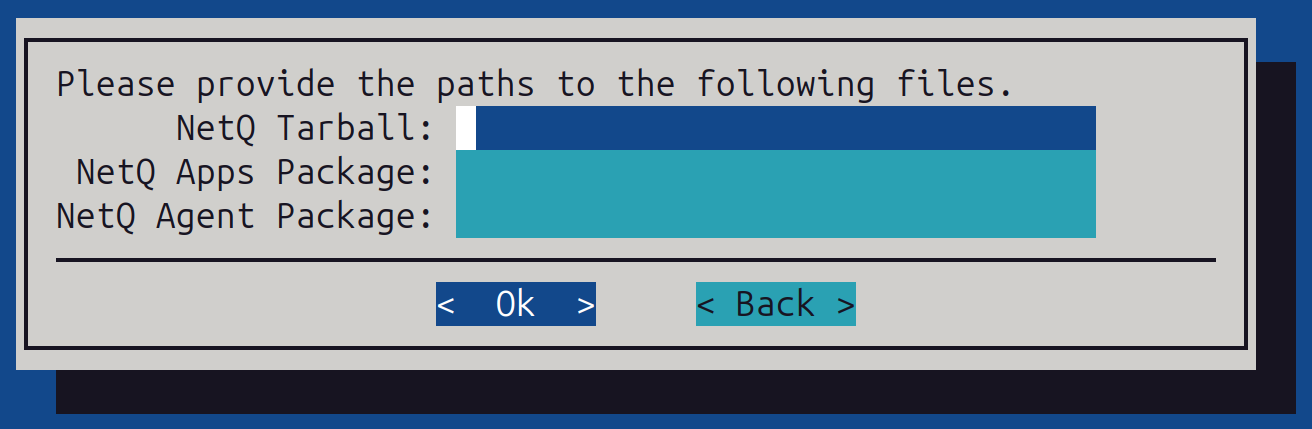 NetQ tarball and debian package paths configuration screen