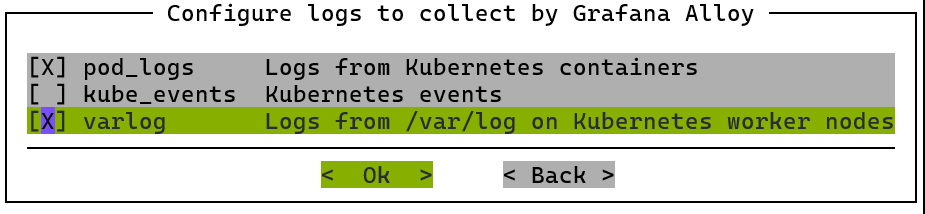 Grafana Alloy log options with pod_logs and varlog selected