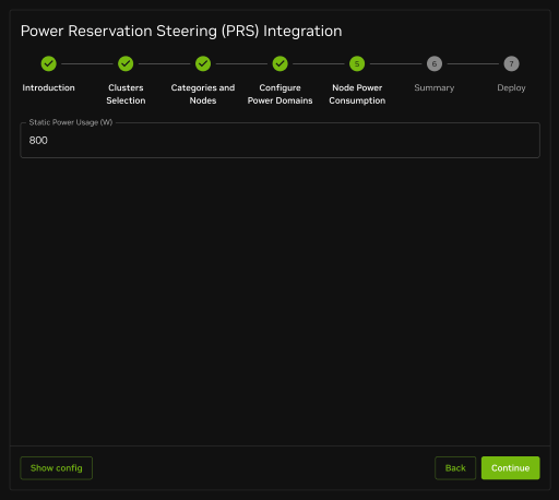BaseView node power configuration interface showing power consumption settings for all selected nodes