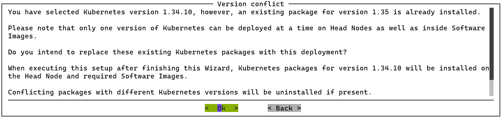 Kubernetes version conflict between selected version 1.34.10 and installed version 1.35