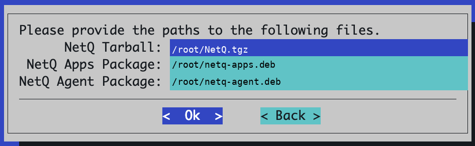 NetQ tarball and debian package paths configuration screen