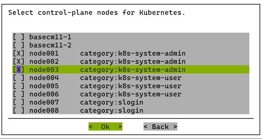 Three control-plane nodes selected from the k8s-system-admin category