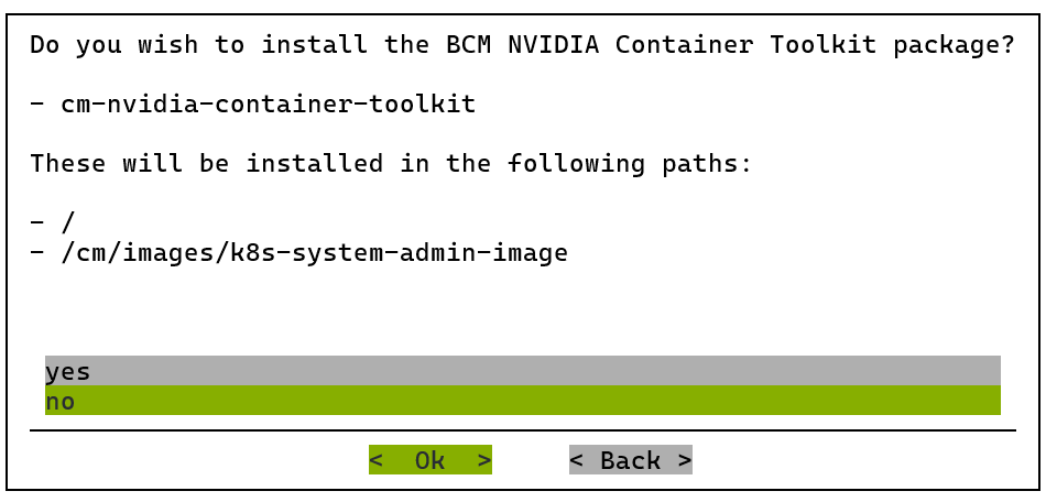 Choose no to install the BCM NVIDIA Container Toolkit package