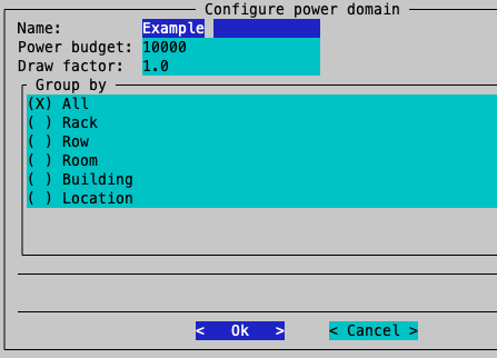 Power domain group by settings showing rack-based grouping configuration options