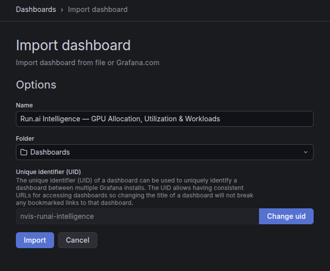 Choosing a folder and importing the dashboard