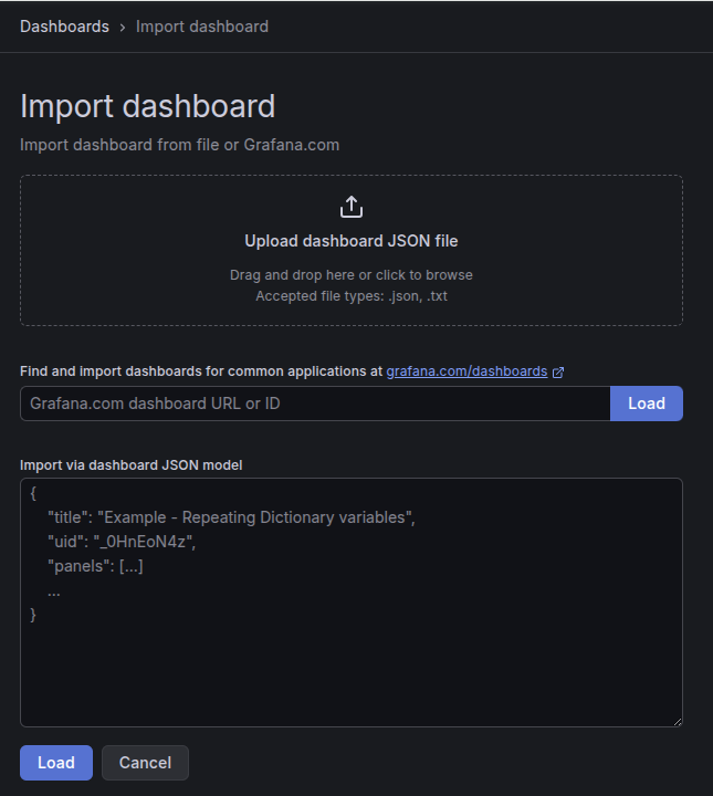 The Grafana dashboard import page