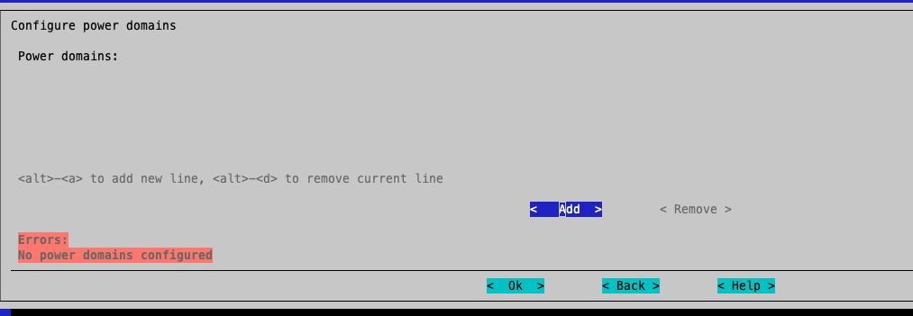 Power domain configuration dialog showing domain name, power budget, draw factor, and group by settings