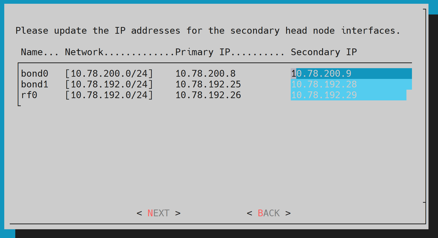 Secondary head node IP configuration