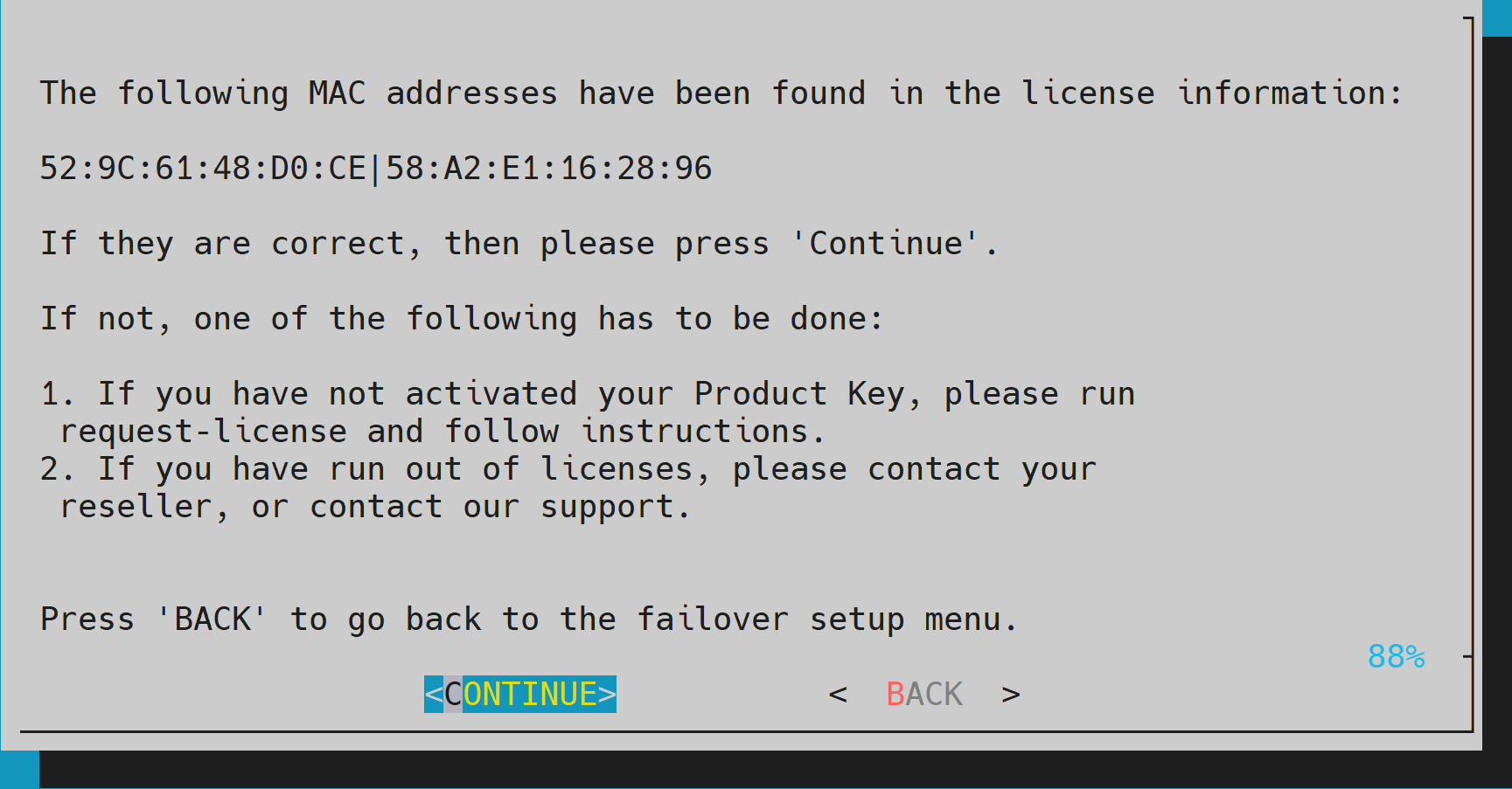 License information screen