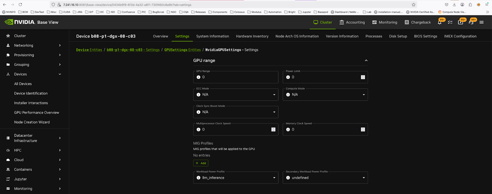 Actions menu in device view