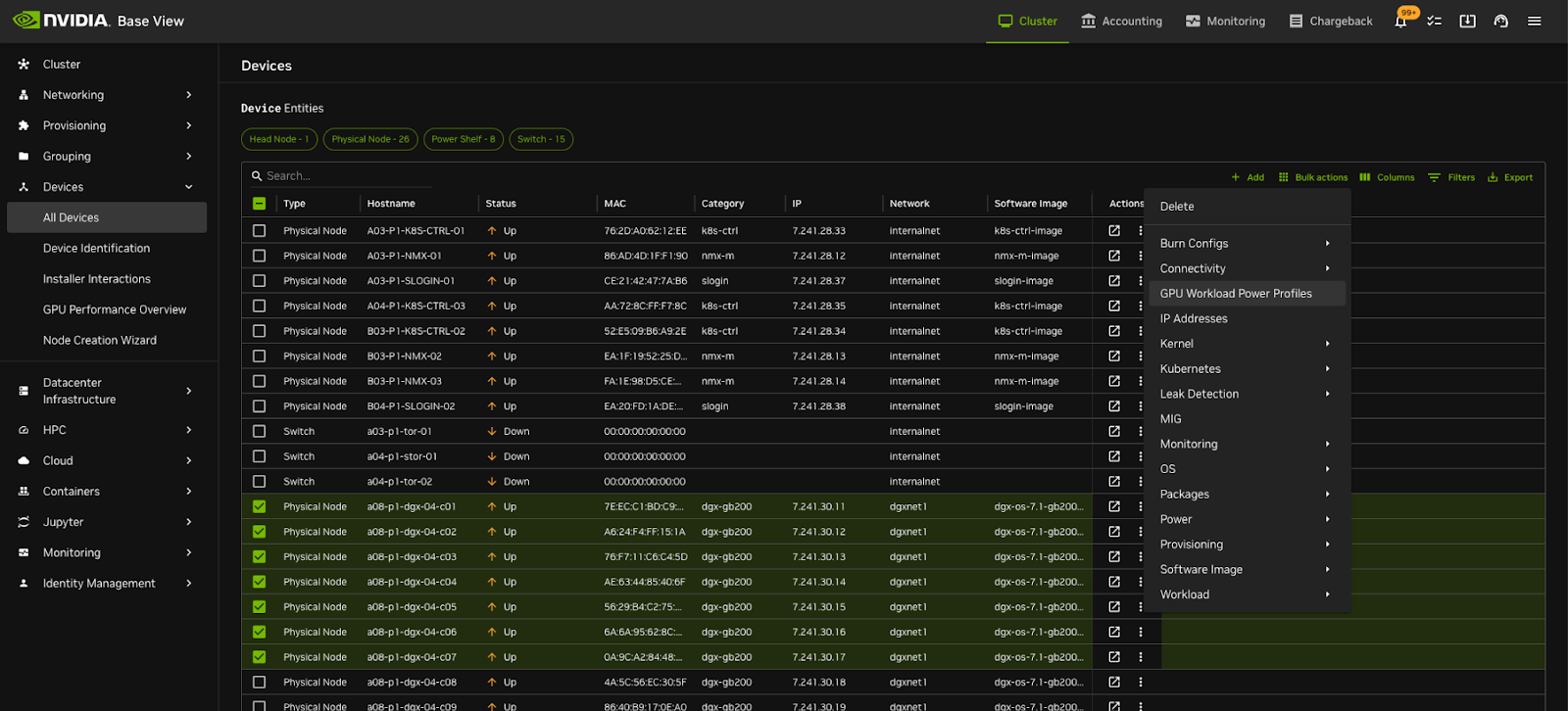 GPU Workload Power Profiles bulk action option