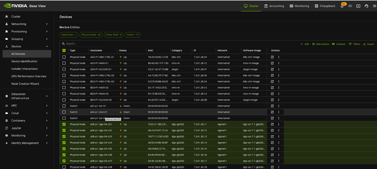 Bulk action menu for selected nodes