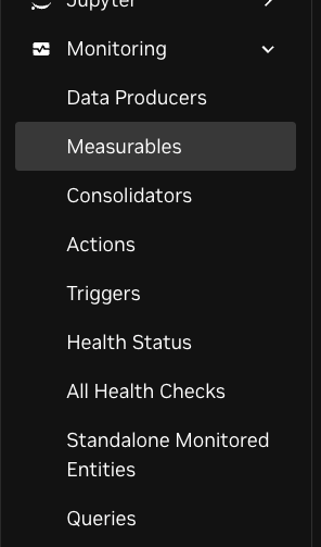 BaseView monitoring measurables menu showing navigation to Monitoring → Measurables section