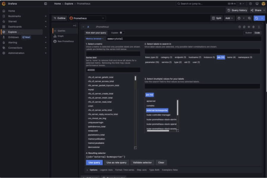 Grafana metric browser showing BCM metrics