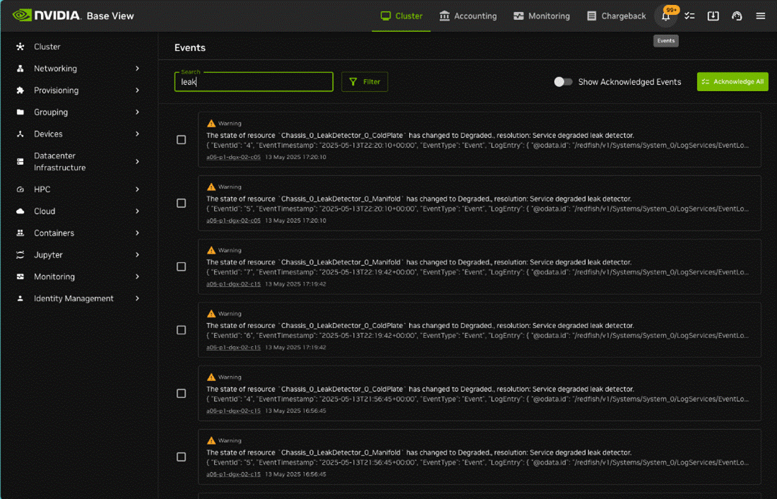BCM Events interface showing leak detection events