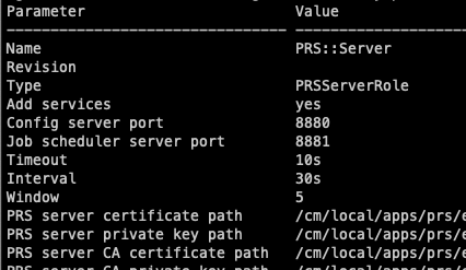 PRS server role configuration output showing ports, certificate paths, control loop timing, and power domain assignments