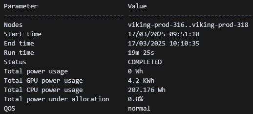 Slurm job metrics command output showing job parameters including power-related metrics like total power usage and under-allocation